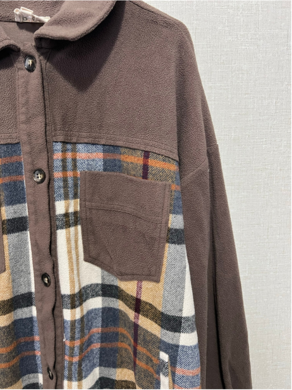 BIBI Brown Plaid Fleece Button Front Flannel Shacket With Chest Pockets - Picture 3 of 5